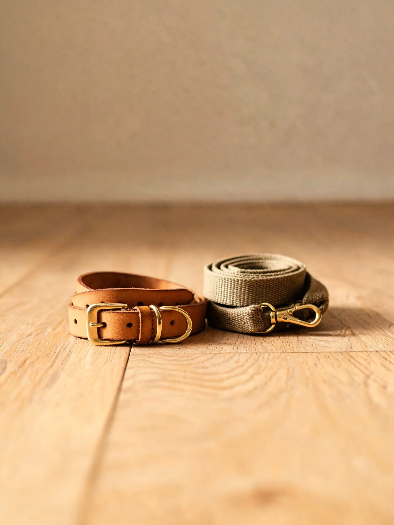 Leather collar with brass hardware beside a rolled canvas lead on an oak floor