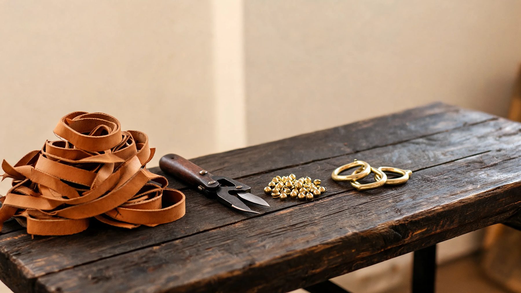 Workshop bench with leather strap stock, a strap cutter and brass rivets